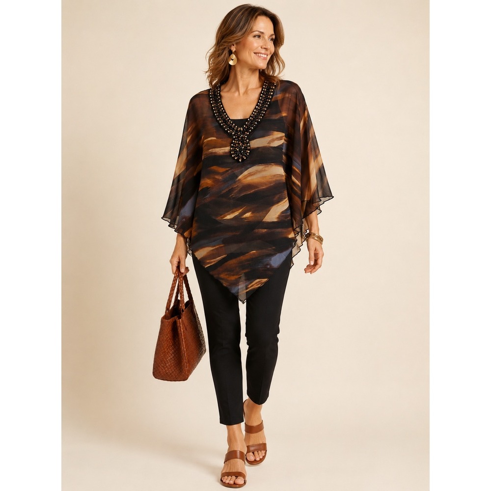 Chico's Beaded Sheer Poncho Blouse Brown Abstract Boho One Size - Picture 2 of 7